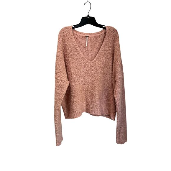 Free People Pink Fuzzy Knit V Neck Pullover Cozy Chic Size L - Picture 1 of 7
